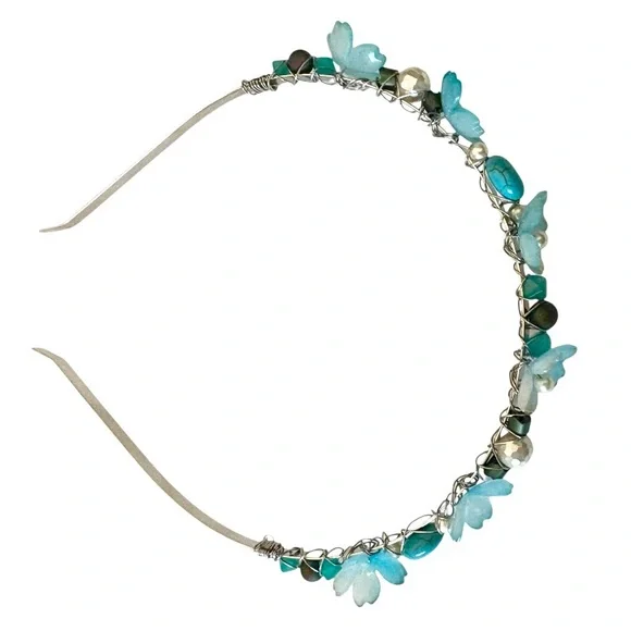 Fairy Headband with Lucite Flowers, Turquoise, Hematite and Glass Pearls - Picture 2 of 8